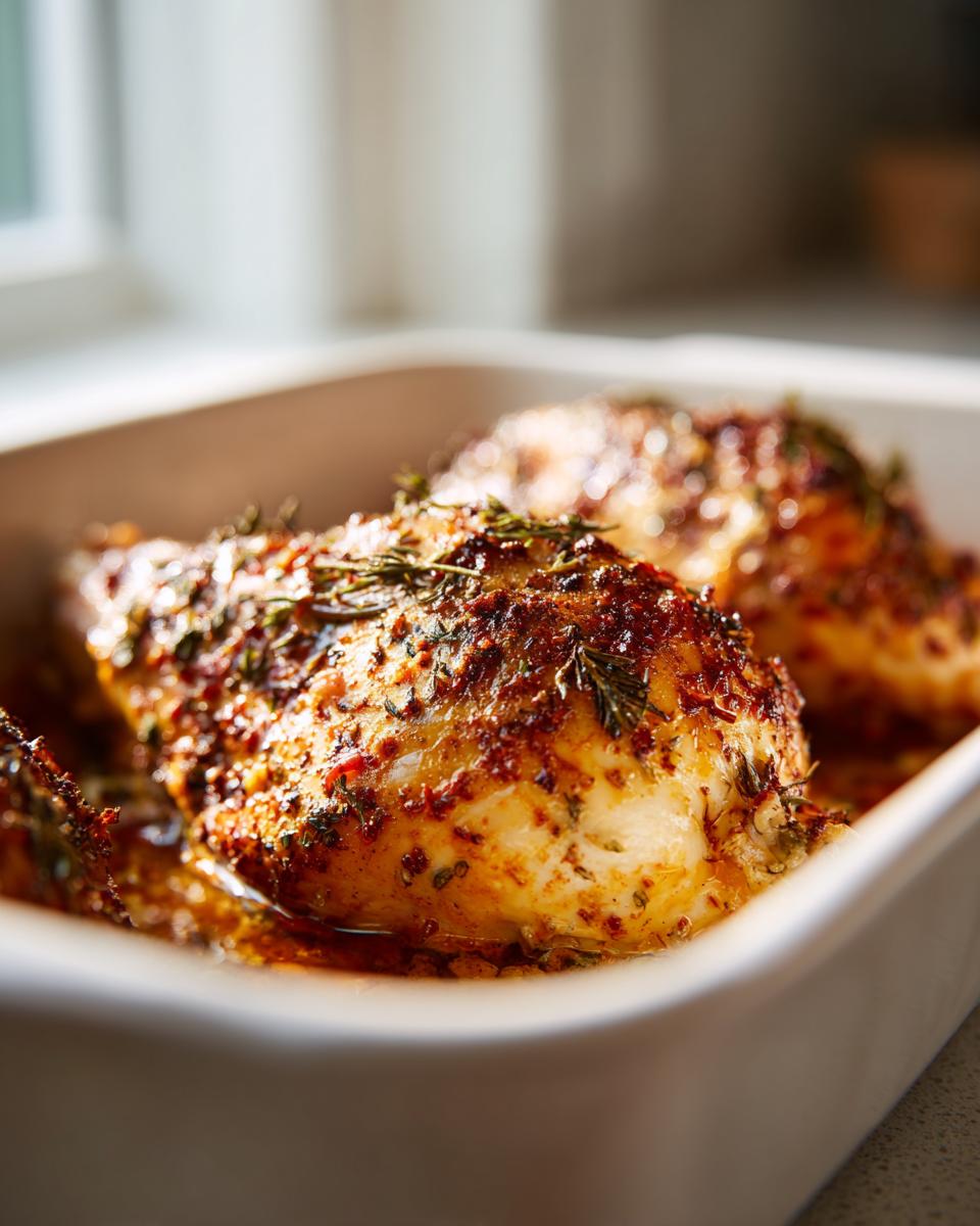 Close-up of herb-crusted baked chicken thighs in a white baking dish with golden brown skin.
