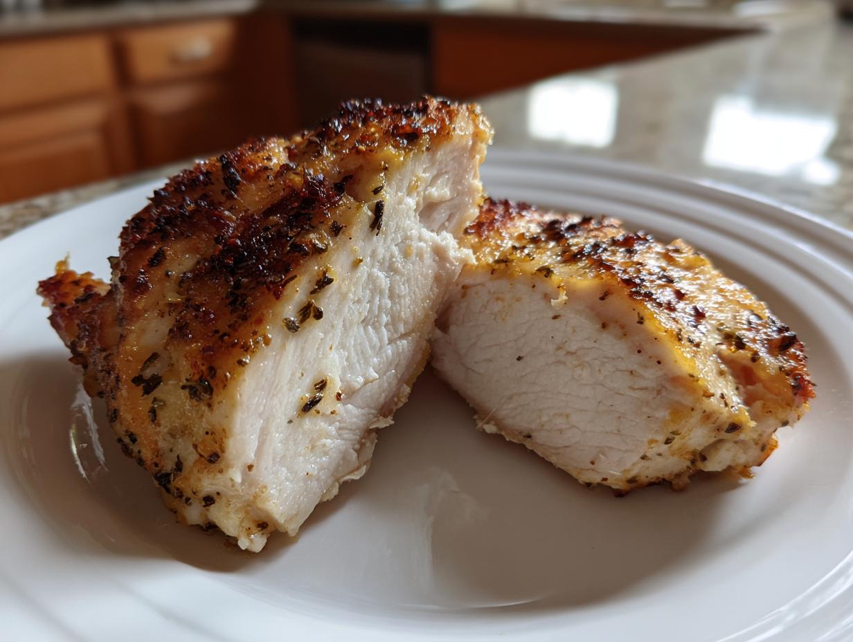 Close-up of a juicy herb-crusted chicken breast cut in half on a white plate, showcasing tender meat