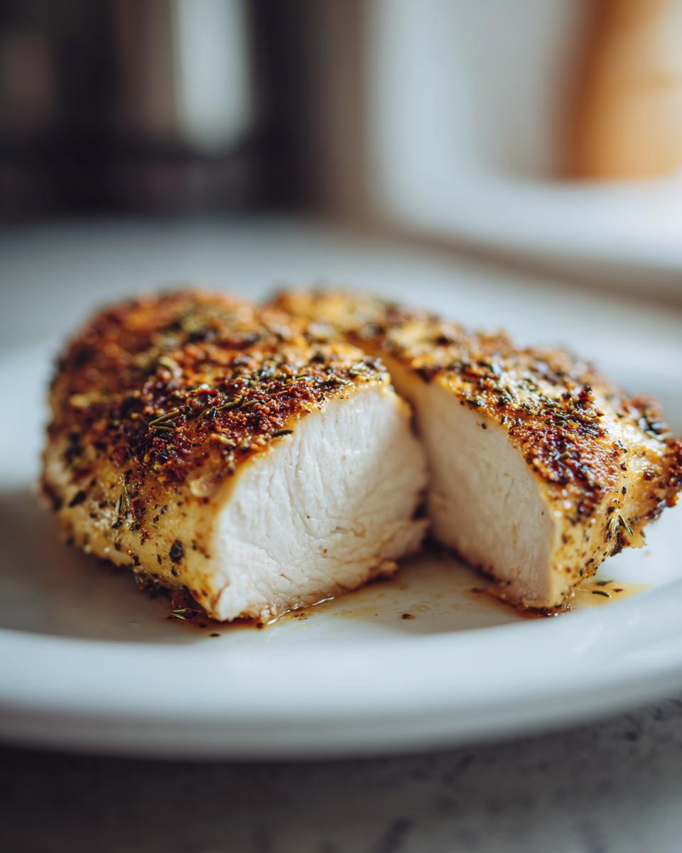 Close-up of a sliced herb-crusted cooked chicken breast on a white plate.