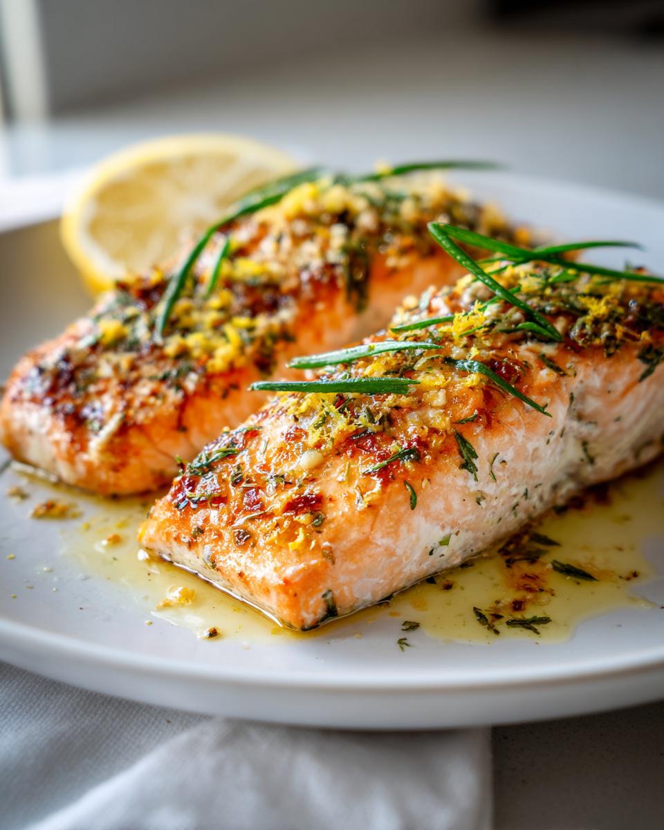 Two herb-crusted salmon fillets garnished with lemon zest and rosemary on a white plate.