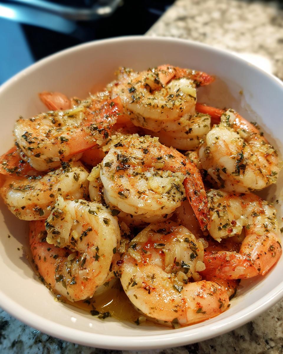 Close-up of cooked shrimp seasoned with herbs and spices in a white bowl, healthy shrimp recipes