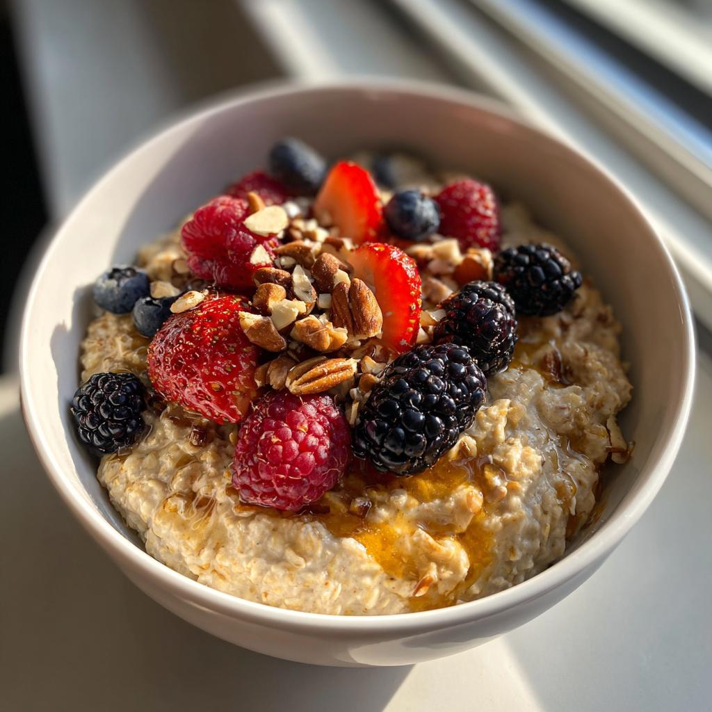 Bowl of high fiber suhoor recipe oatmeal topped with strawberries, raspberries, blackberries, blueberries, and nuts.