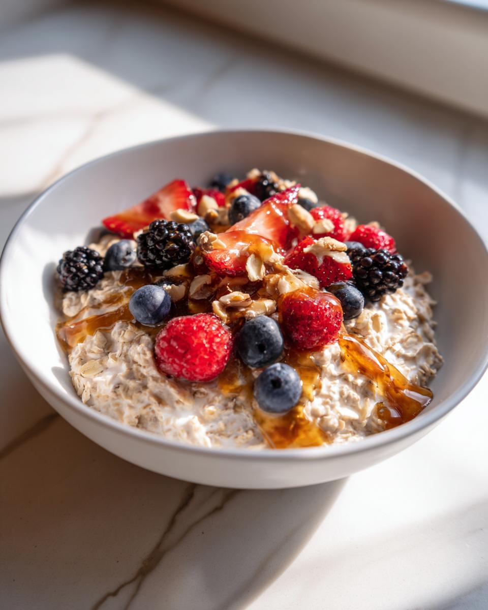 Bowl of oatmeal topped with fresh berries, nuts, and honey for high fiber suhoor recipes