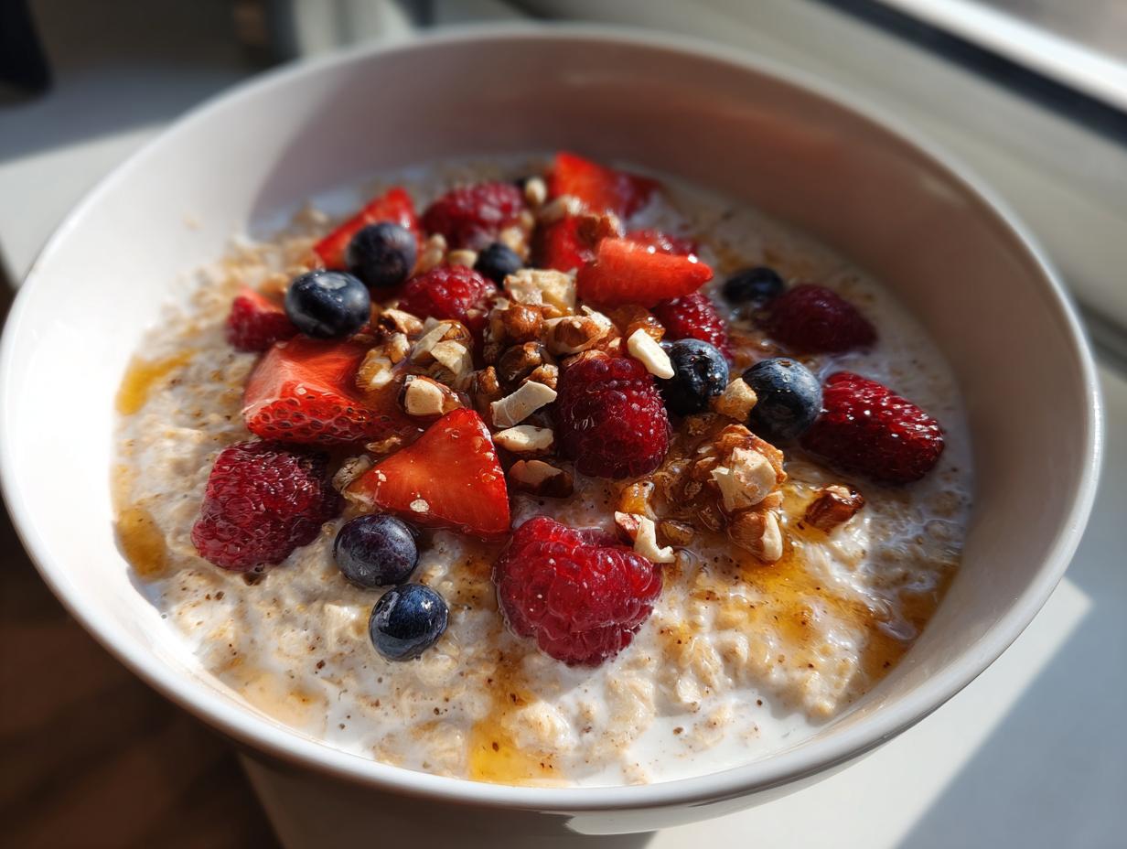 Bowl of high fiber suhoor recipes oatmeal topped with strawberries, raspberries, blueberries, nuts, and honey.