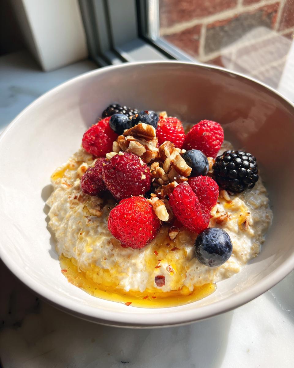 Bowl of oatmeal topped with fresh raspberries, blueberries, blackberries, walnuts, and honey