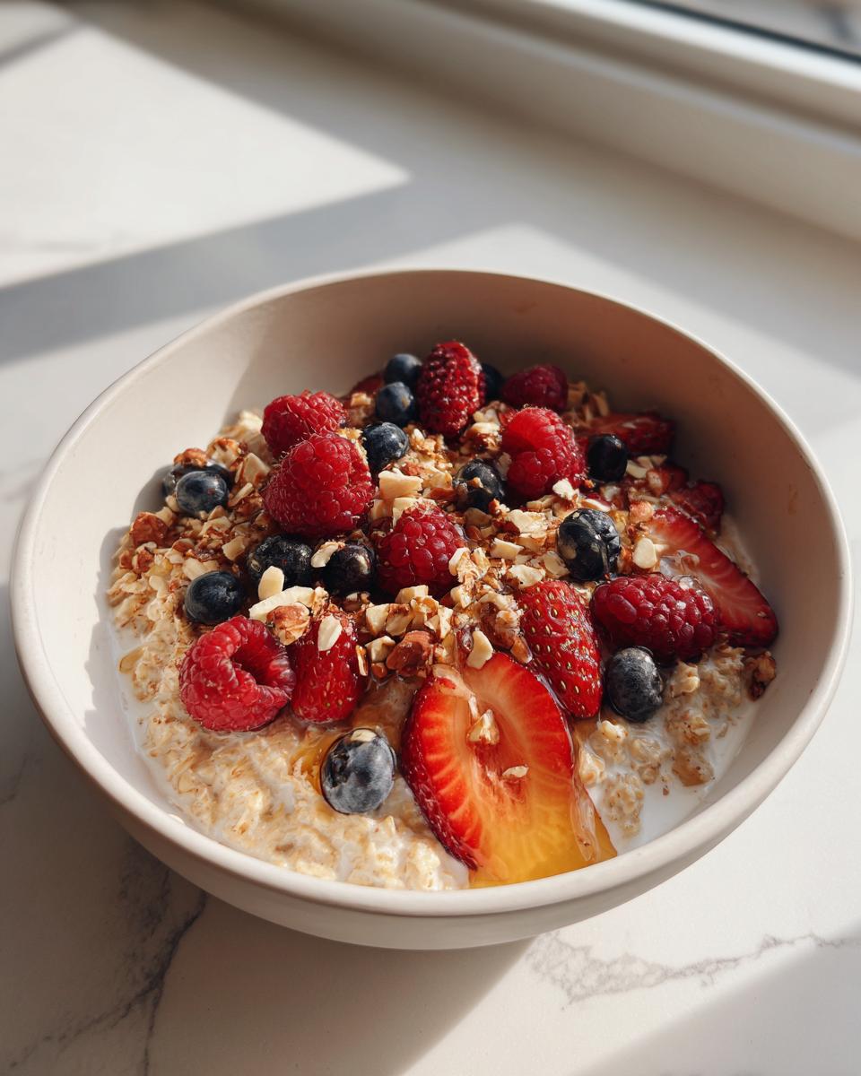 Bowl of high fiber suhoor recipe with oats, strawberries, raspberries, blueberries, and nuts.