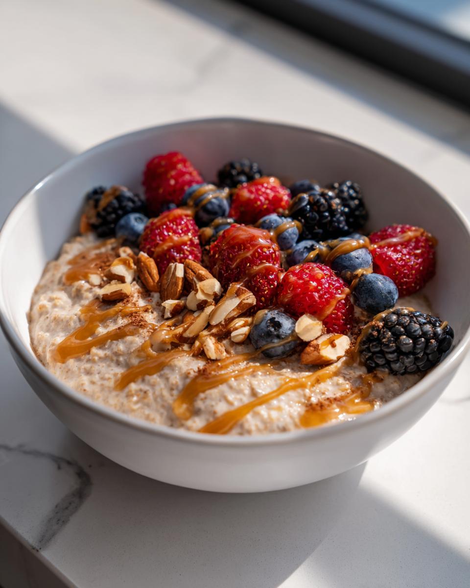 Bowl of high fiber suhoor recipes oatmeal topped with strawberries, blueberries, blackberries, nuts, and drizzle