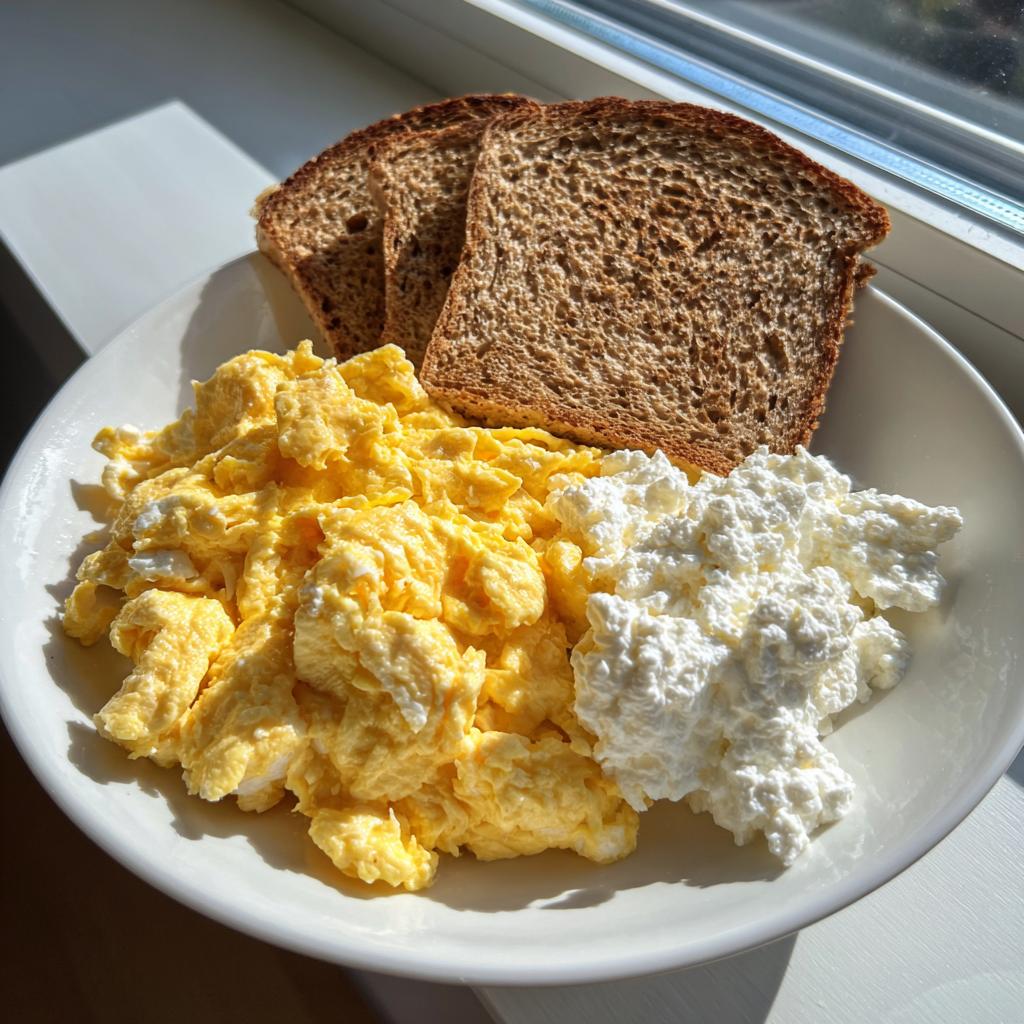 Plate with scrambled eggs, cottage cheese, and three slices of toasted whole grain bread for a high protein breakfast
