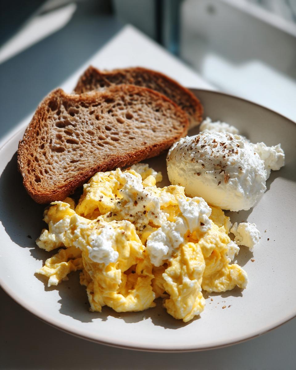 Plate with high protein breakfast scramble, two slices of toasted bread, and cottage cheese.