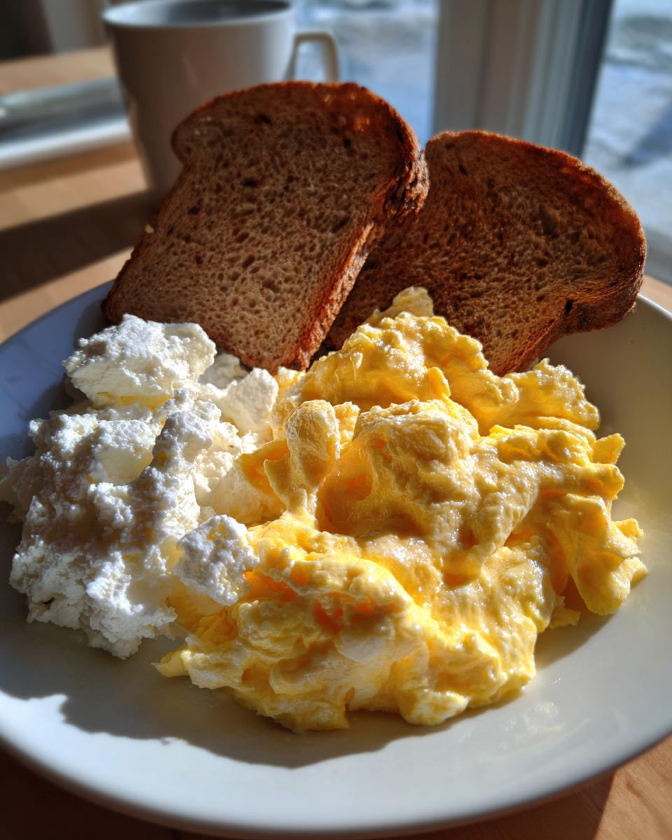 Plate with high protein breakfast scramble, cottage cheese, and two slices of toasted bread.