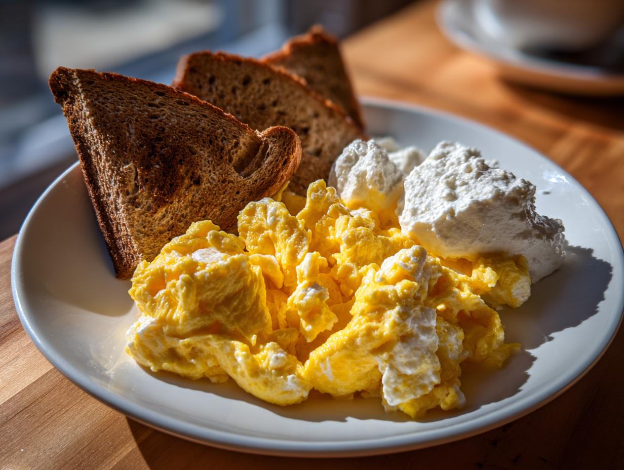 Plate with high protein breakfast scramble, cottage cheese, and toasted bread slices.