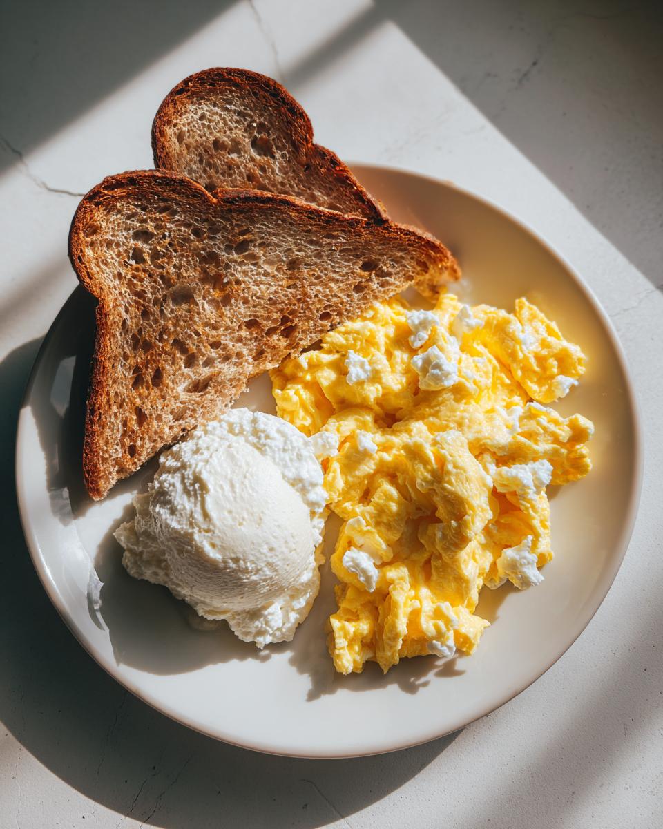 Plate with high protein breakfast scramble, two slices of toasted bread, and a scoop of ricotta cheese.