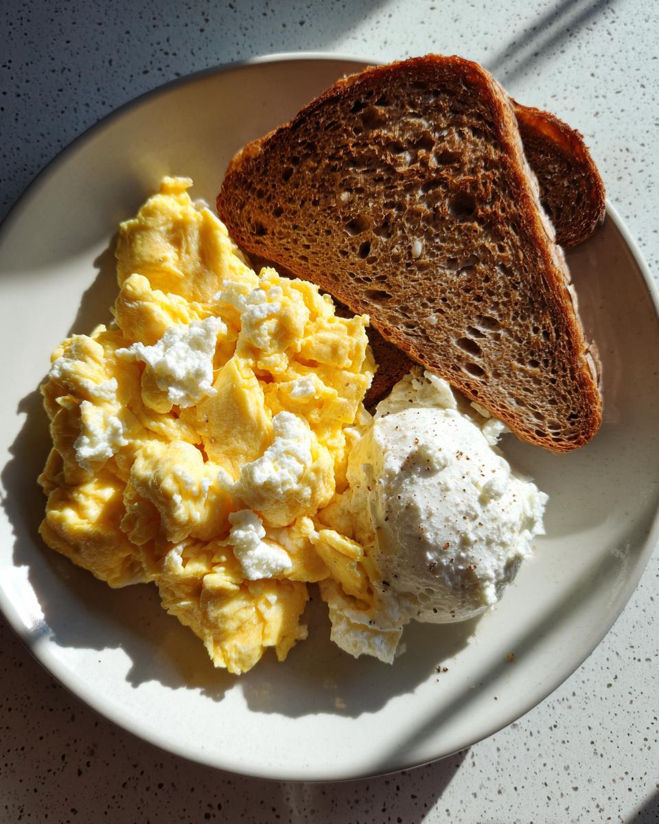 Plate with high protein breakfast scramble, cottage cheese, and two slices of toasted bread.