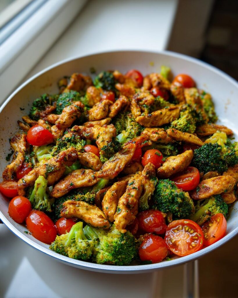 Skillet with high protein dinners of chicken strips, broccoli, and cherry tomatoes cooked together.