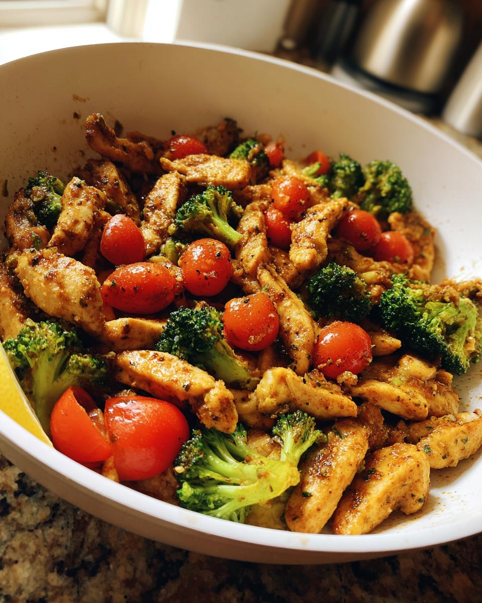 Bowl of high protein dinners with cooked chicken strips, broccoli florets, and cherry tomatoes.