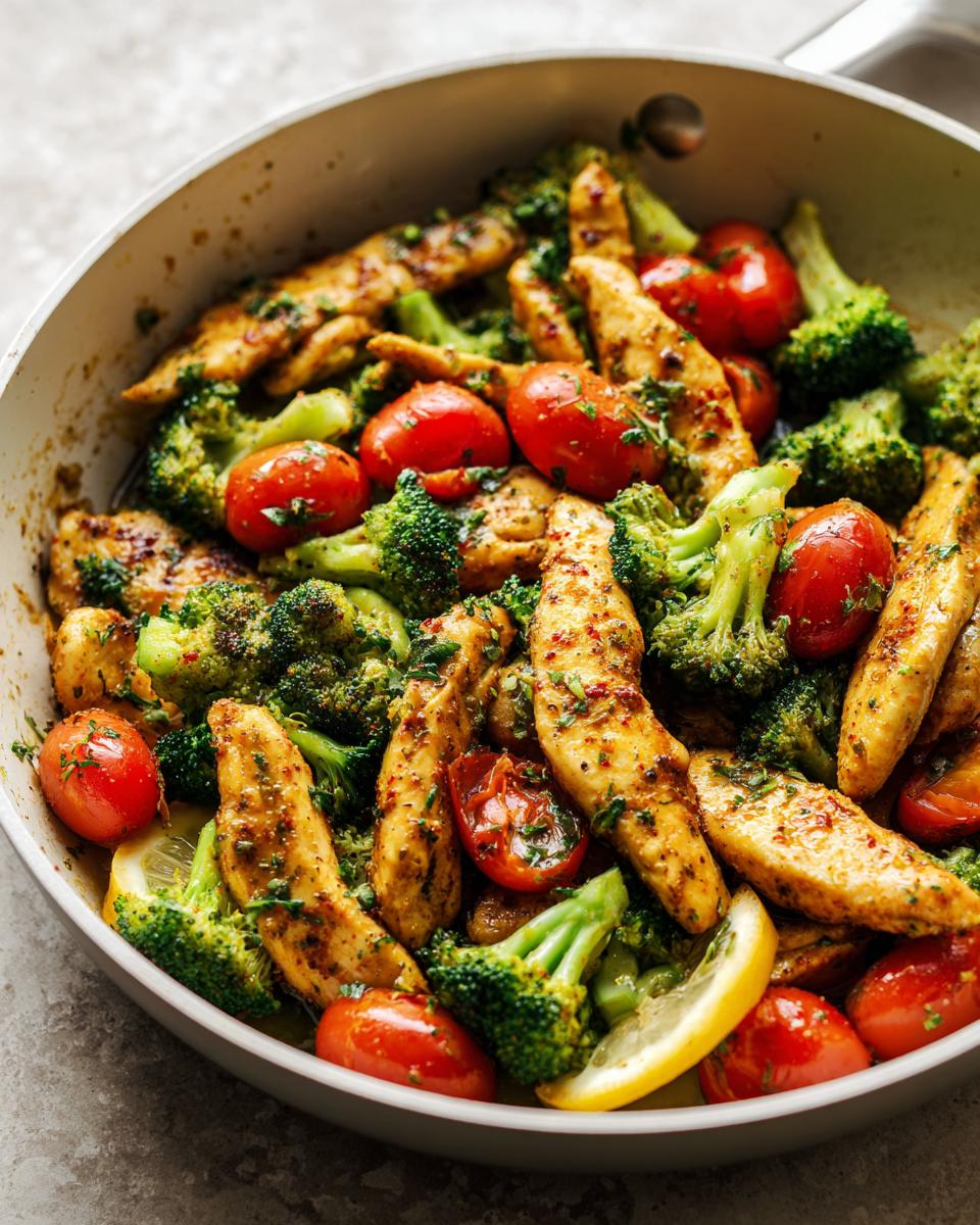 Chicken strips cooked with broccoli, cherry tomatoes, and lemon slices in a pan for high protein dinners