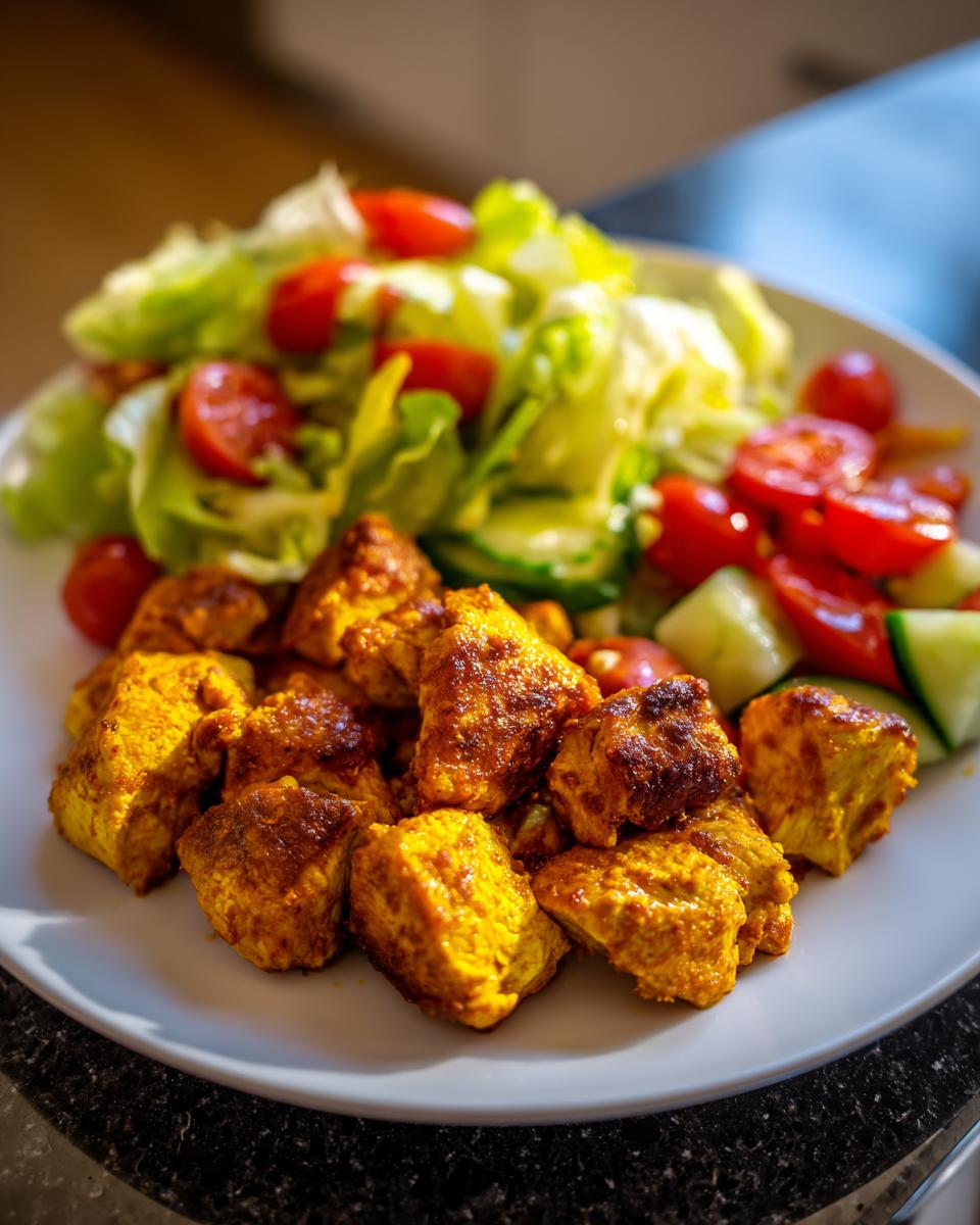 Plate of high protein iftar recipes featuring grilled chicken pieces with fresh lettuce, cherry tomatoes, and cucumber salad.
