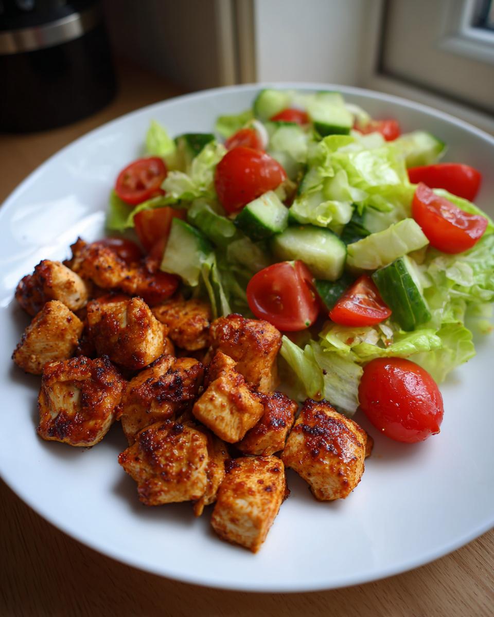 Plate with grilled chicken pieces and fresh salad of lettuce, cucumber, and cherry tomatoes for high protein iftar recipes