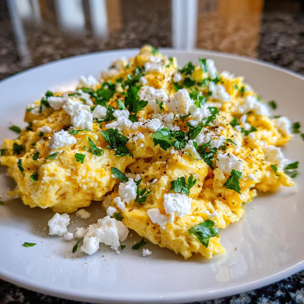 Scrambled eggs topped with crumbled feta cheese and fresh parsley on a white plate, a high protein suhoor recipe