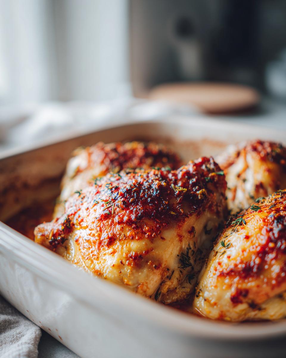 Close-up of golden, juicy baked chicken thighs seasoned with herbs in a ceramic baking dish.