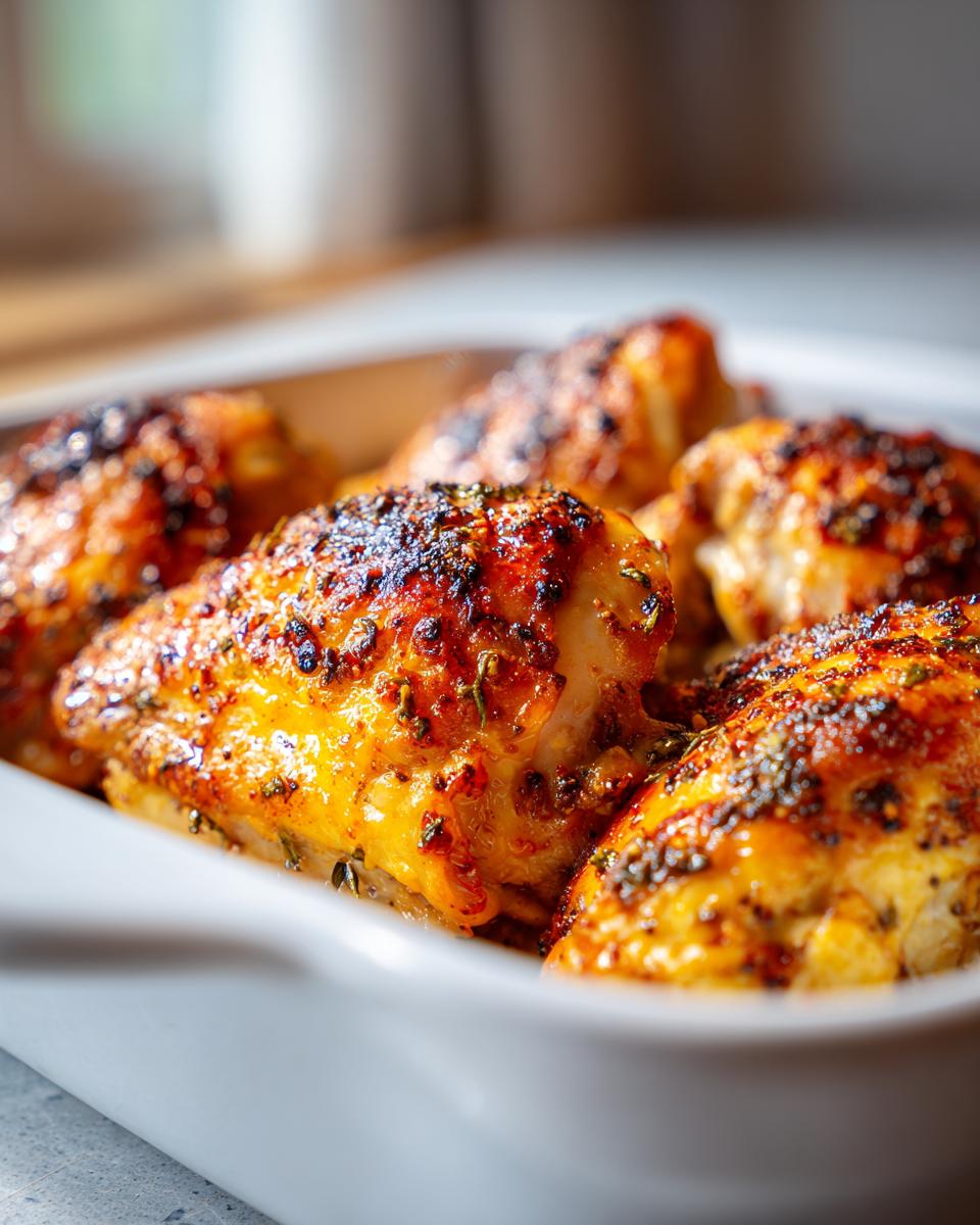 Close-up of juicy baked chicken thighs with herbs and spices in a white baking dish.