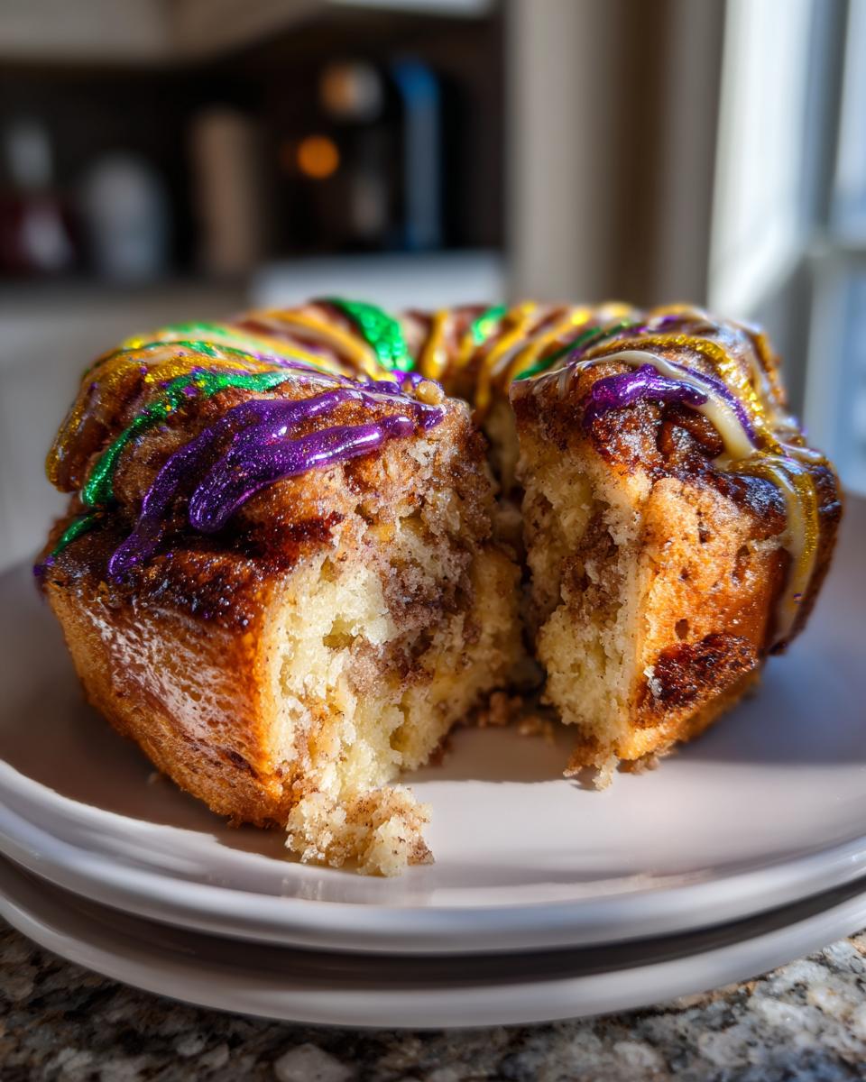 Close-up of a sliced king cake with purple, green, and gold icing, perfect for mardi gras recipes