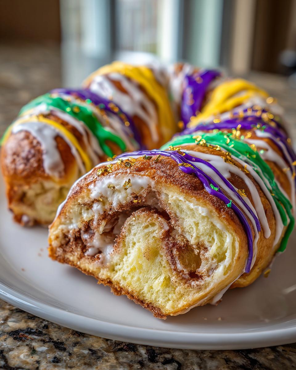 Close-up of a sliced king cake decorated with purple, green, and yellow icing for mardi gras recipes