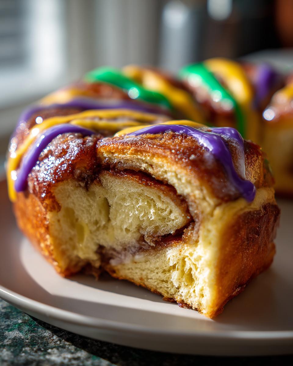 Close-up of a slice of king cake with purple, yellow, and green icing for mardi gras recipes