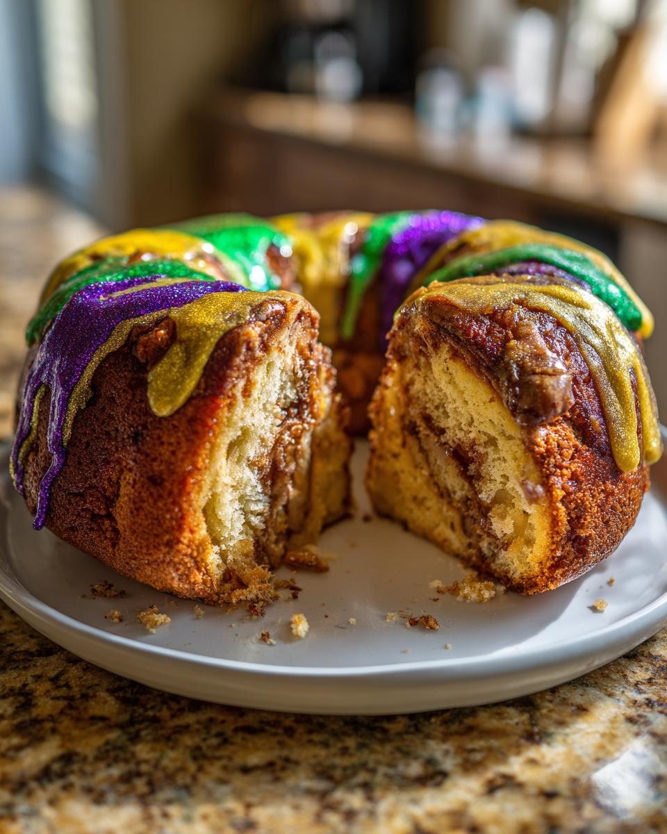 Close-up of a sliced King Cake decorated with purple, green, and gold icing for mardi gras recipes