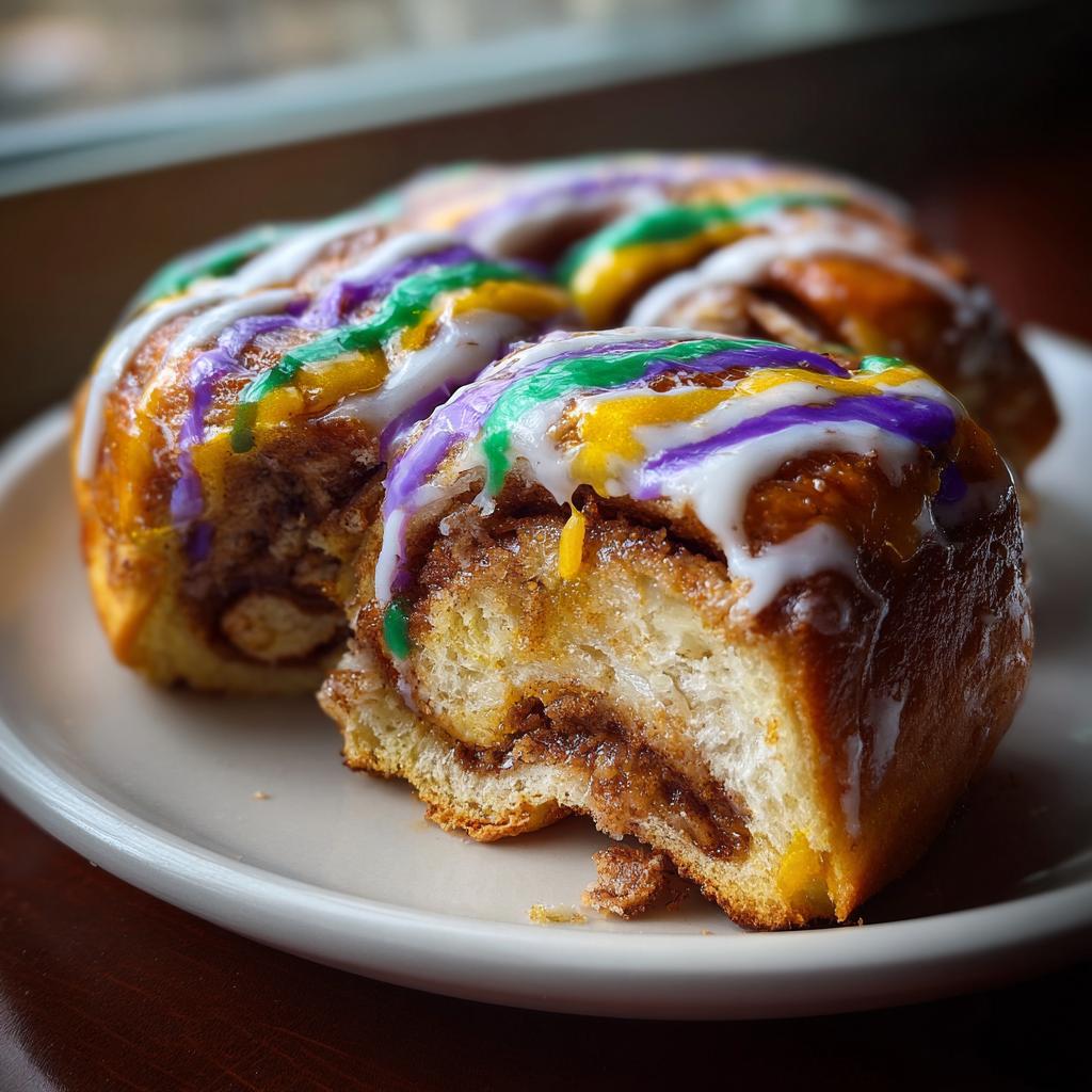 Close-up of a sliced king cake with icing in purple, green, and yellow for mardi gras recipes