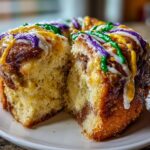 Close-up of a sliced king cake decorated with purple, green, yellow icing for mardi gras recipes