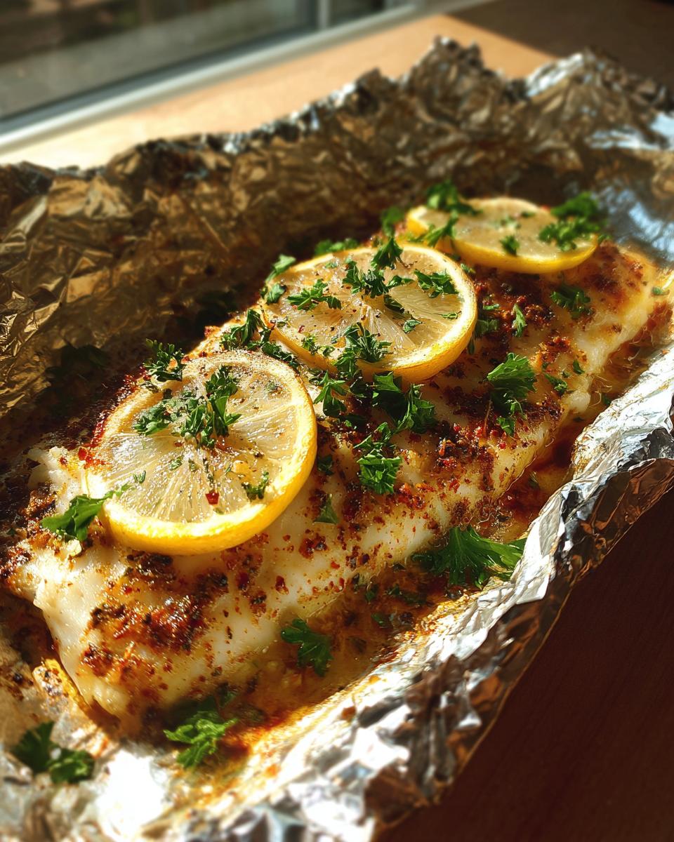 Fish baked in foil for iftar topped with lemon slices and fresh herbs