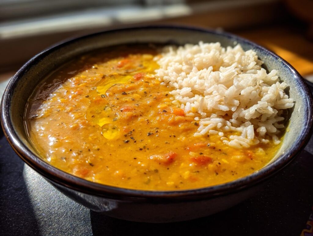Bowl of hearty lentil soup served with white rice, perfect for ramadan budget friendly dinner ideas