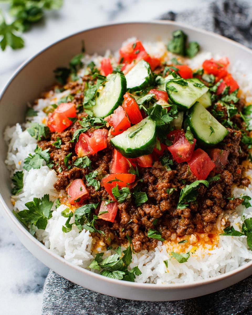 Bowl of rice topped with seasoned ground beef, diced tomatoes, cucumber slices, and fresh herbs for march ramadan easy weeknight iftar