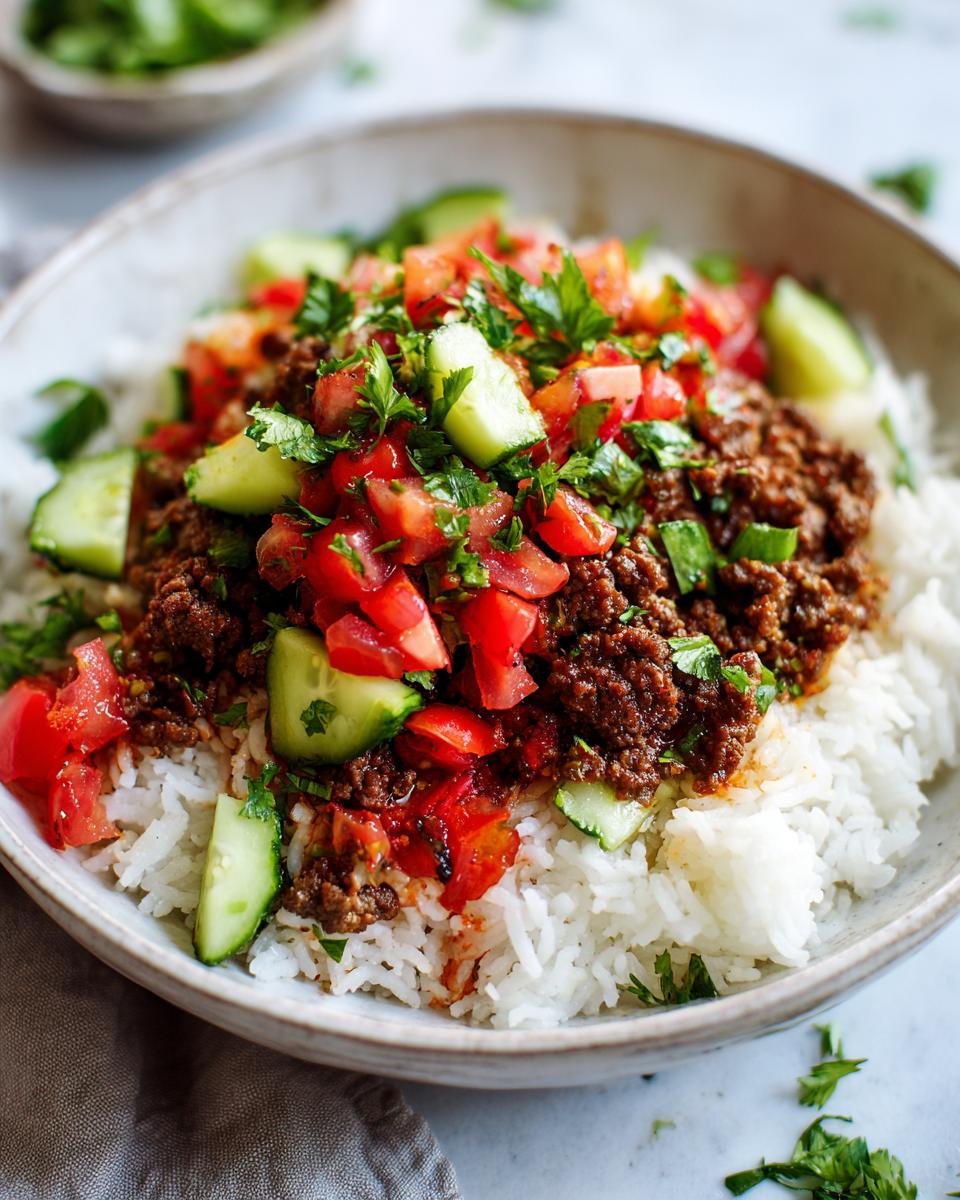 Bowl of rice topped with seasoned ground meat, diced tomatoes, cucumbers, and fresh herbs for march ramadan easy weeknight iftar