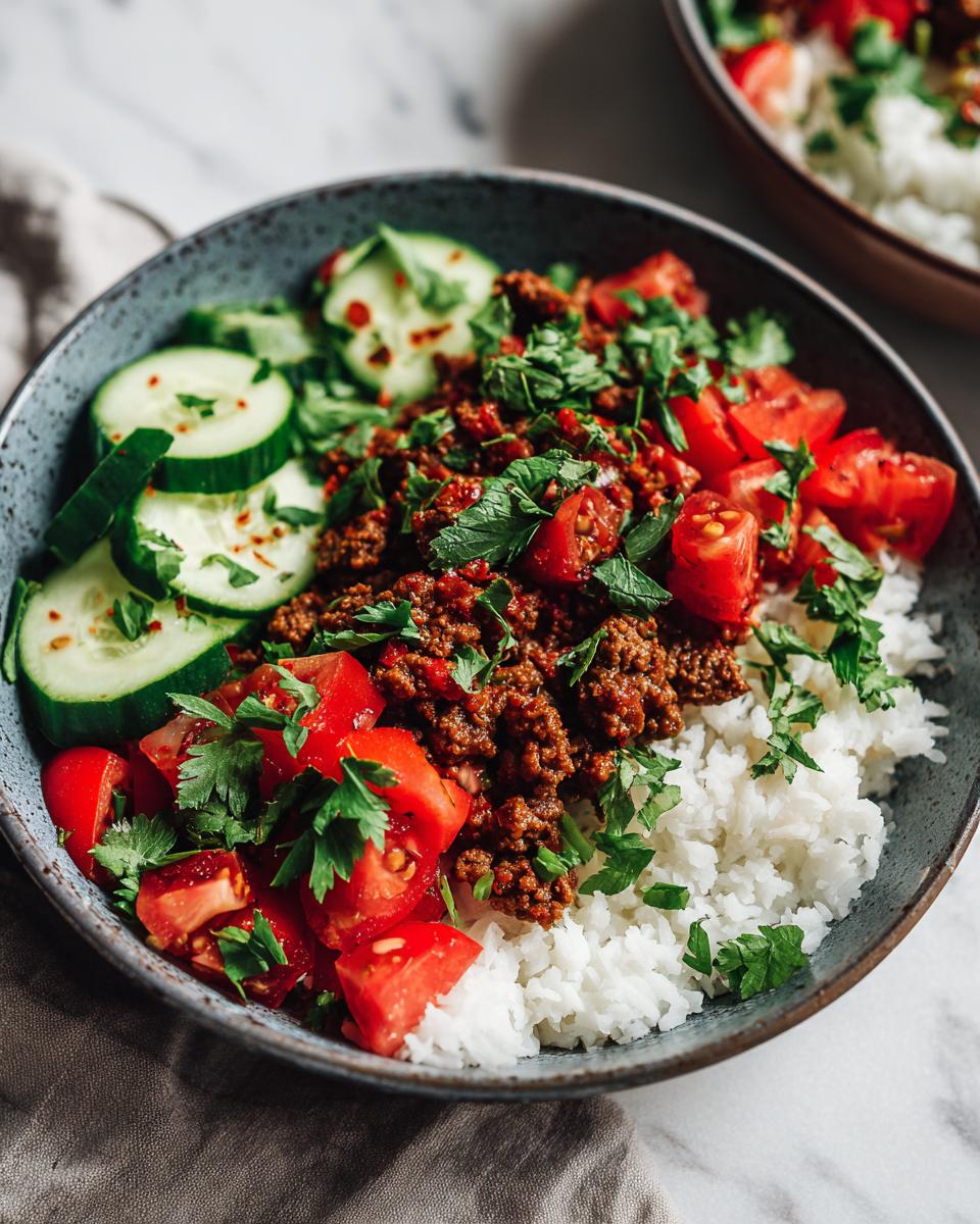 Bowl of rice with seasoned ground meat, fresh tomatoes, cucumber slices, and herbs for march ramadan easy weeknight iftar