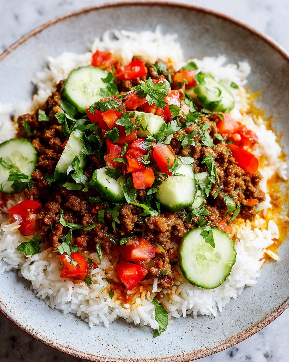 Plate of spiced ground meat served over white rice topped with cucumber slices, diced tomatoes, and fresh herbs for march ramadan easy weeknight iftar