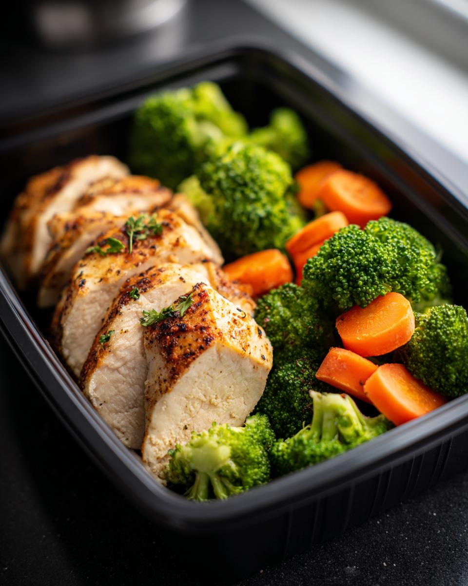 Meal prep ideas featuring grilled chicken breast with broccoli and carrots in a black container.