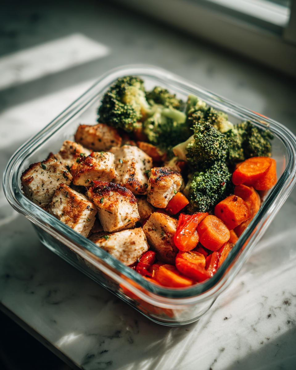 Glass container with grilled chicken, broccoli, and carrots for meal prep ideas.