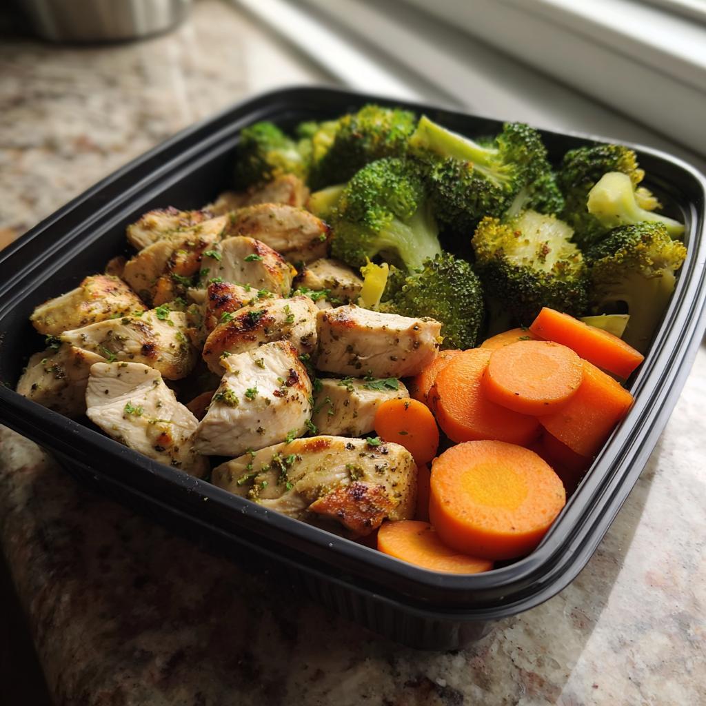 Meal prep container with grilled chicken, steamed broccoli, and sliced carrots.