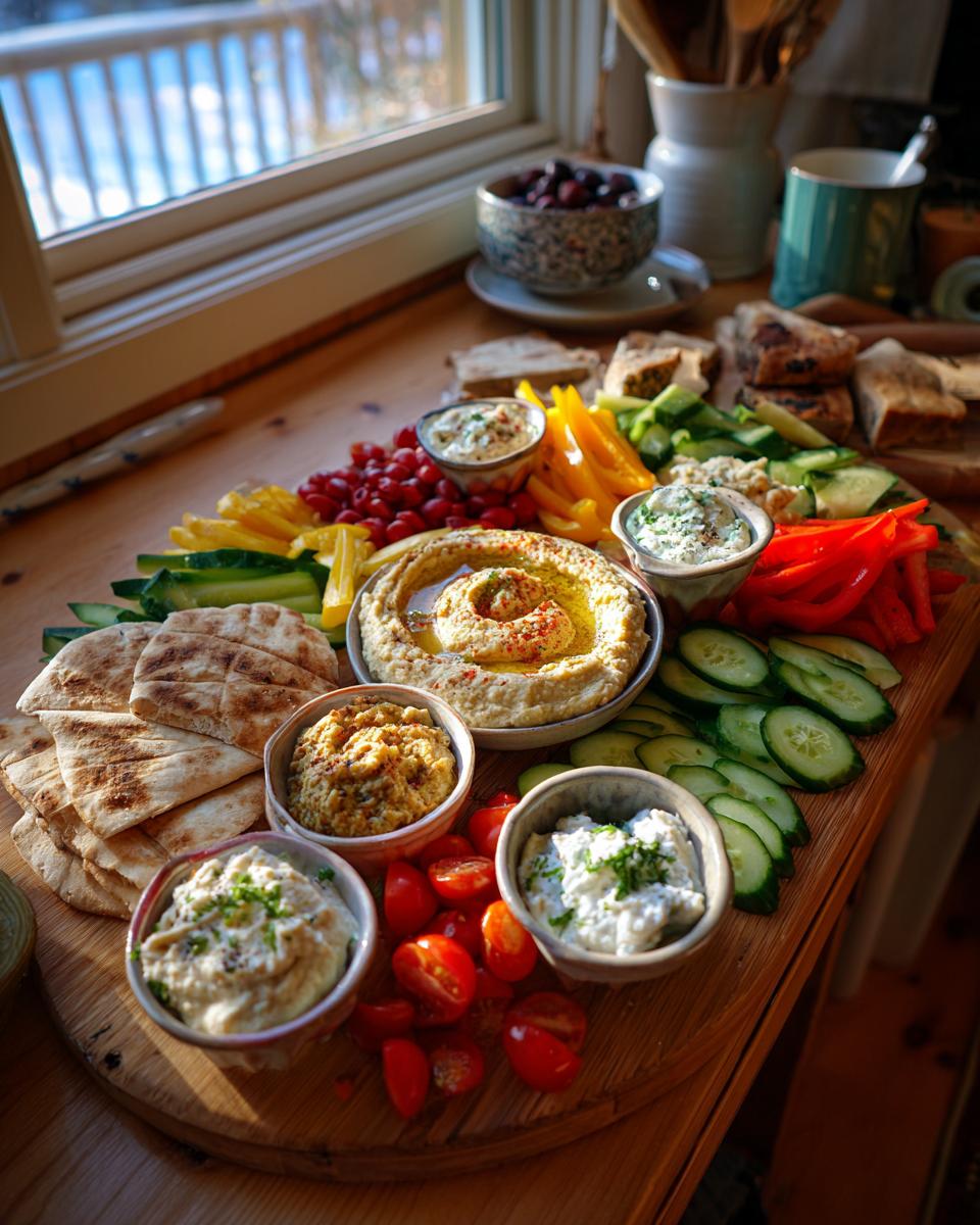 A vibrant mezze board ideas for iftar with hummus, dips, pita bread, cucumbers, peppers, and cherry tomatoes.