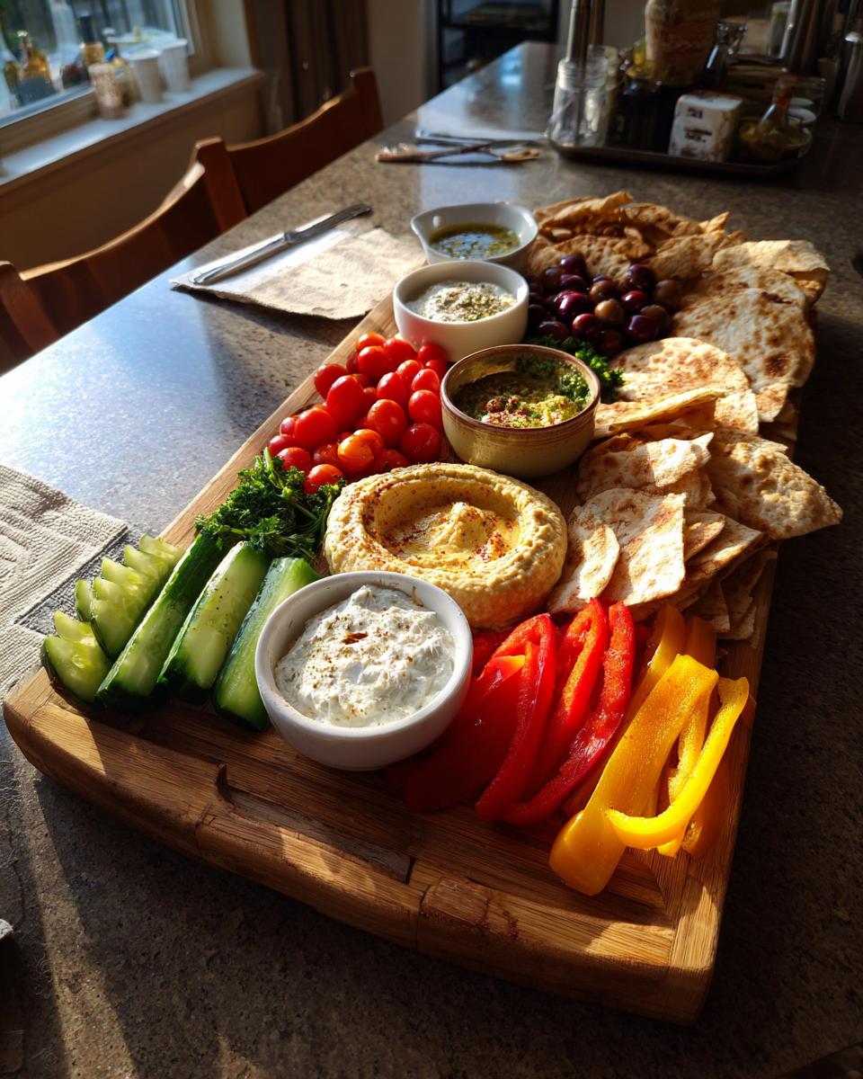 Wooden mezze board with hummus, dips, cherry tomatoes, cucumbers, peppers, olives, and pita bread for iftar
