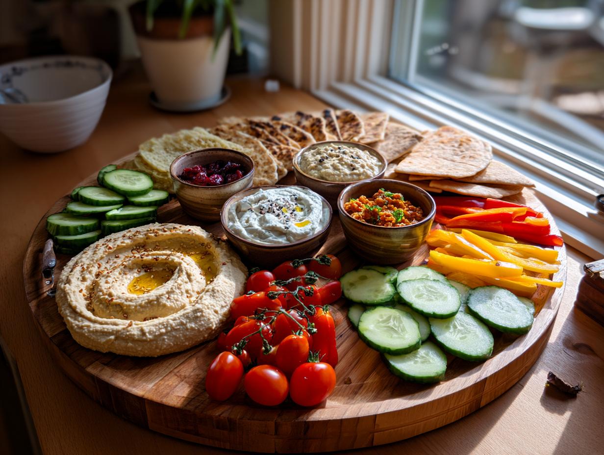 Wooden mezze board with hummus, dips, cherry tomatoes, cucumber slices, bell peppers, and pita bread for iftar