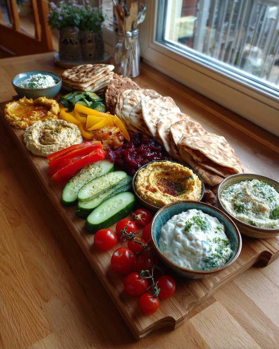 Mezze board ideas for iftar featuring pita bread, dips, cherry tomatoes, cucumbers, and bell peppers on a wooden board.