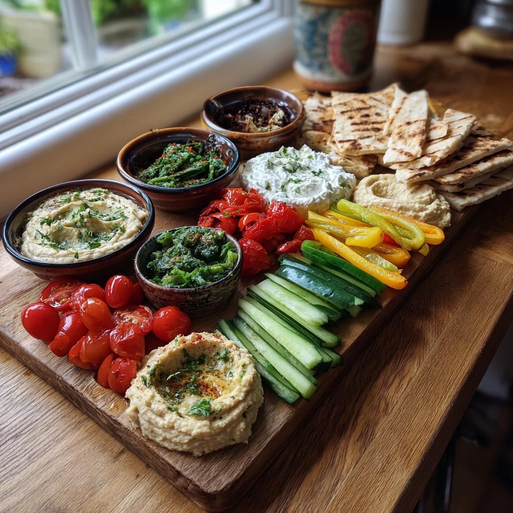 A mezze board ideas for iftar featuring hummus, grilled pita, fresh vegetables, and assorted dips.