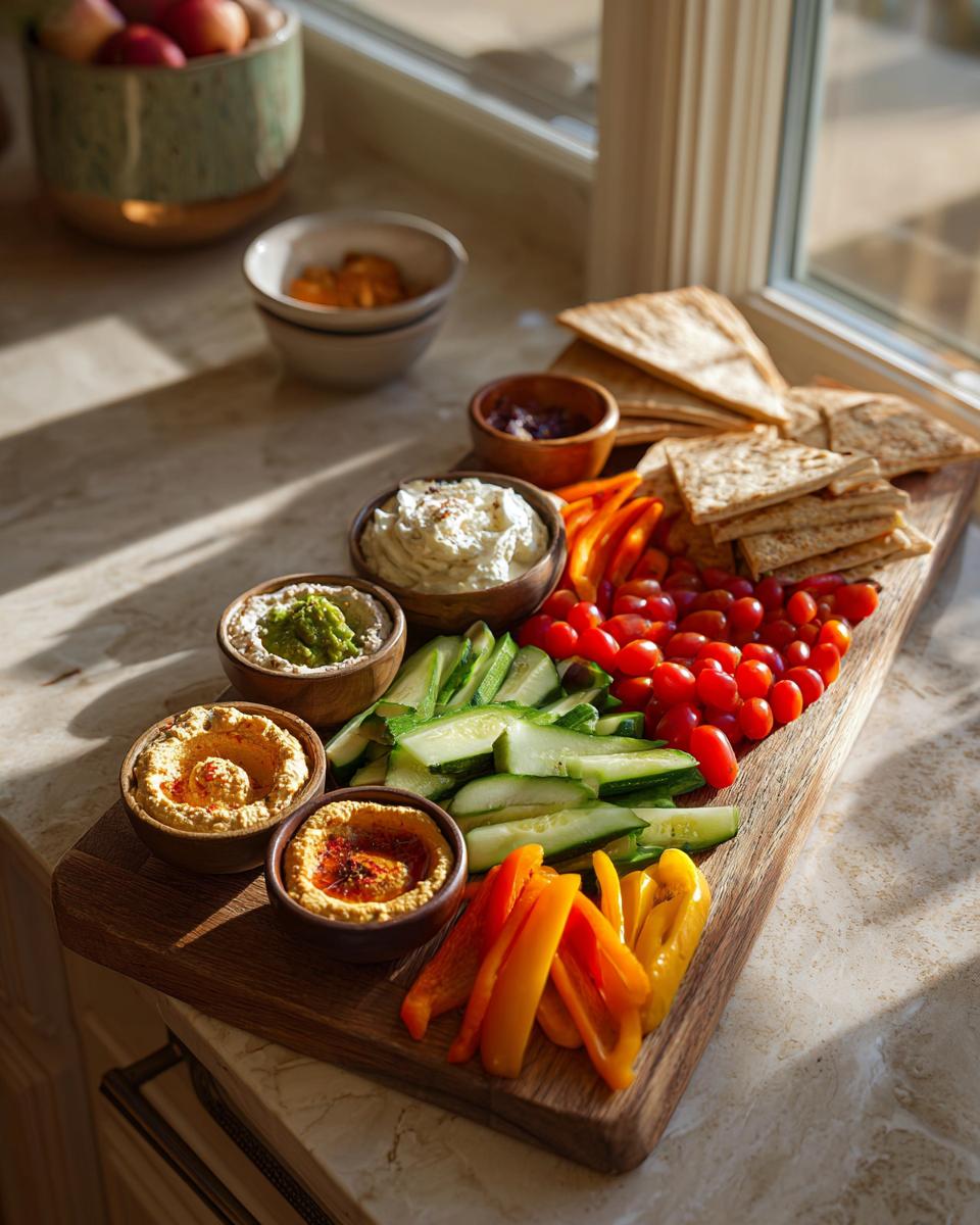 Mezze board ideas for iftar featuring fresh vegetables, pita bread, and various dips on a wooden board.
