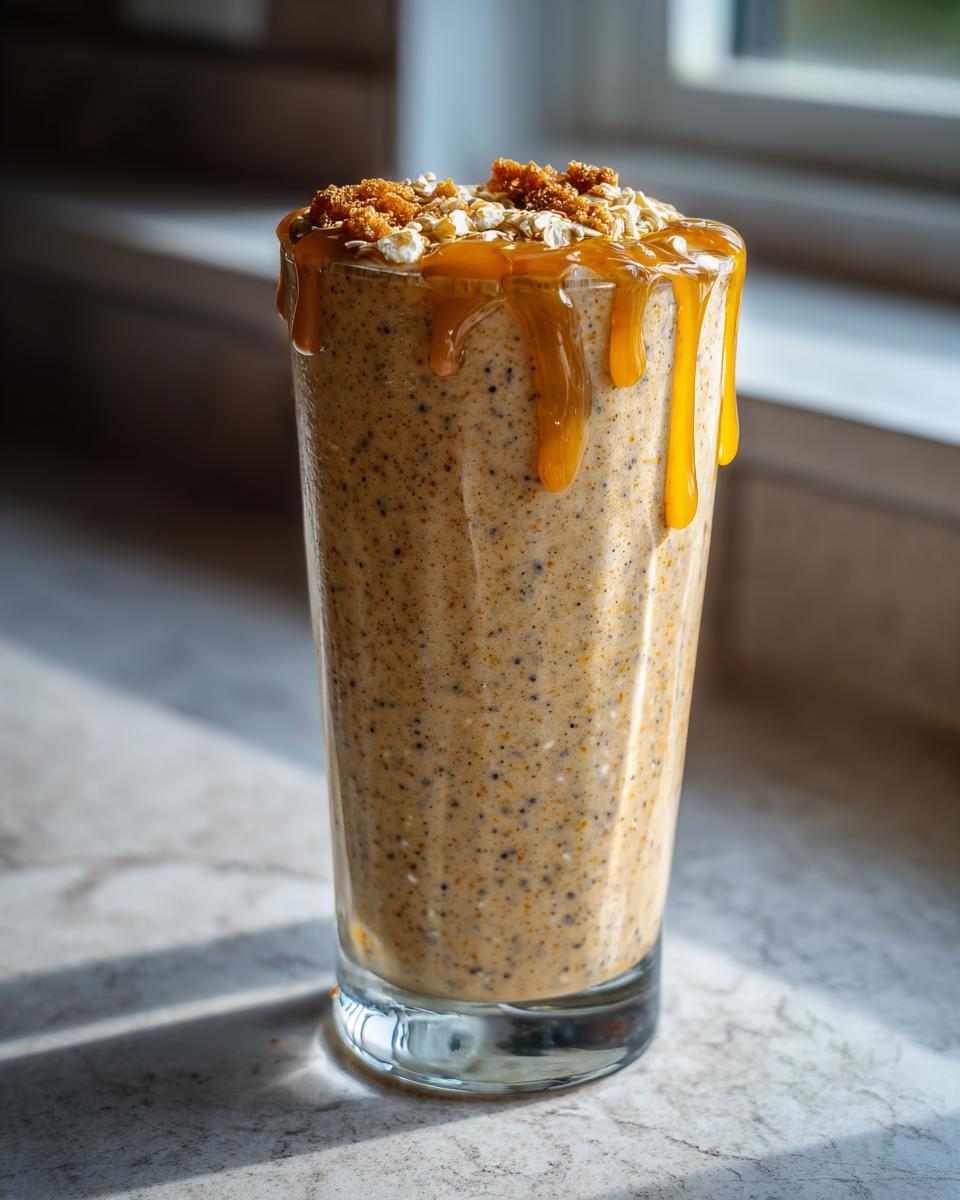 Tall glass of nutty smoothie topped with honey drizzle and granola for smoothie suhoor recipes