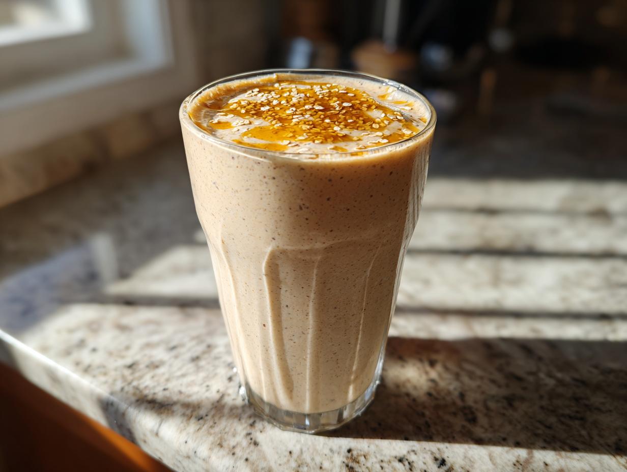 Creamy nutty smoothie suhoor recipes drink topped with seeds and syrup in a clear glass.