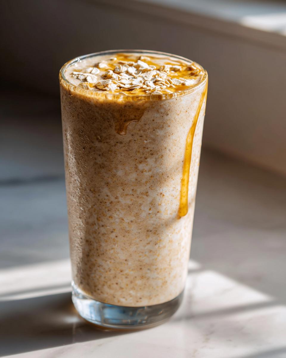 Close-up of a creamy oat and honey smoothie topped with oats, perfect for smoothie suhoor recipes.