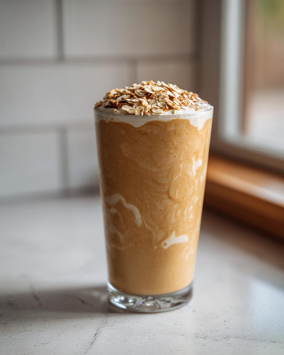 Tall glass filled with oat and peanut butter smoothie suhoor topped with oats